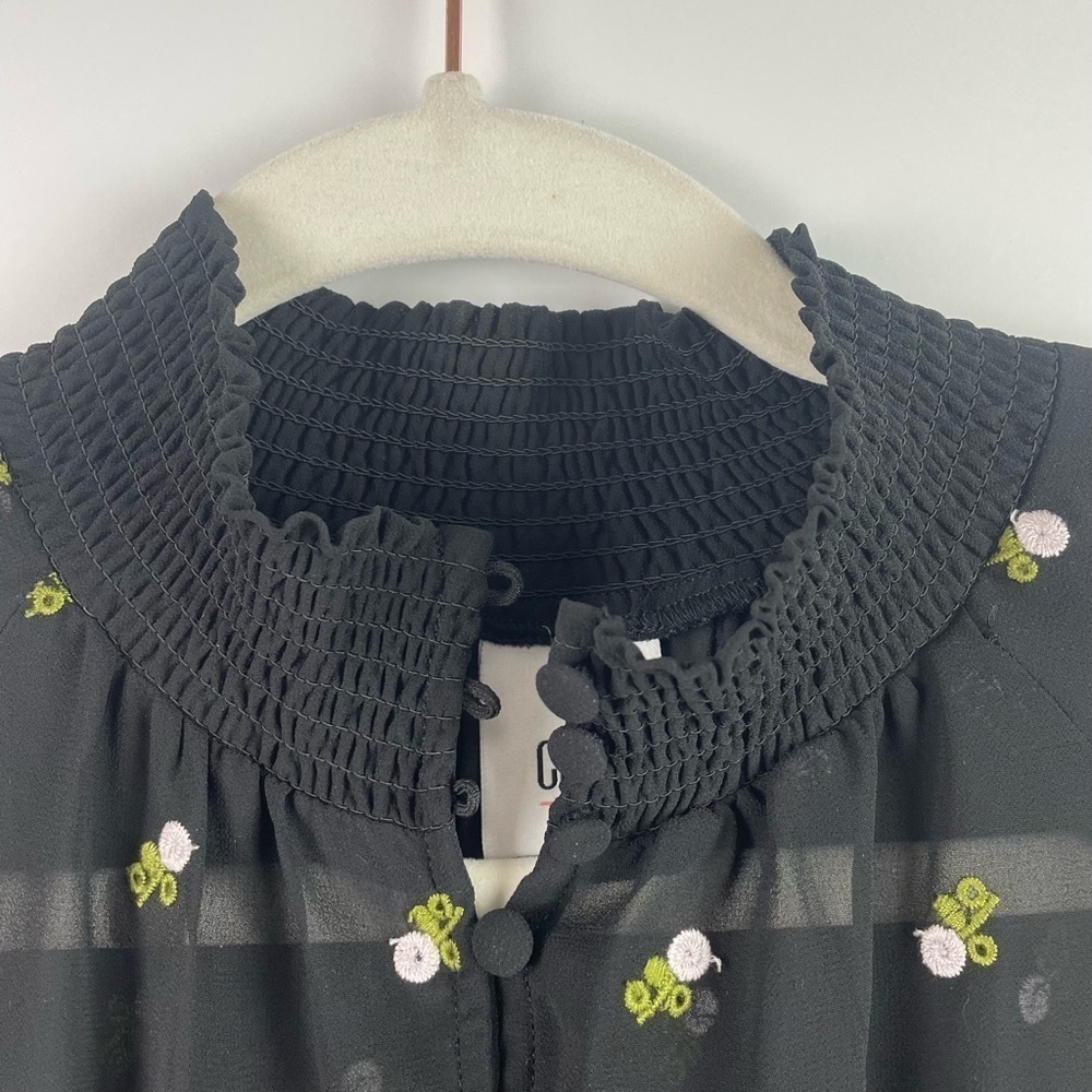 CAbi Alegria Black Embroidered Peasant Blouse Sheer Smocked Neck & Cuffs XS - Picture 4 of 16